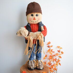 2ft Tall Standing Scarecrow Boy Holding Puppy Dog Fall Farmhouse Home Decor